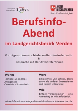 Plakat Berufsinformationsabend am 10.09.2024 um 17:30 Uhr bei dem Amtsgericht Osterholz-Scharmbeck